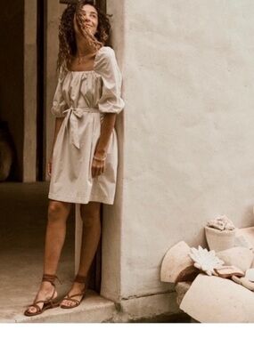 Faherty Khai Poplin Dress size medium Cream Sash Belted Puff Sleeve Spring